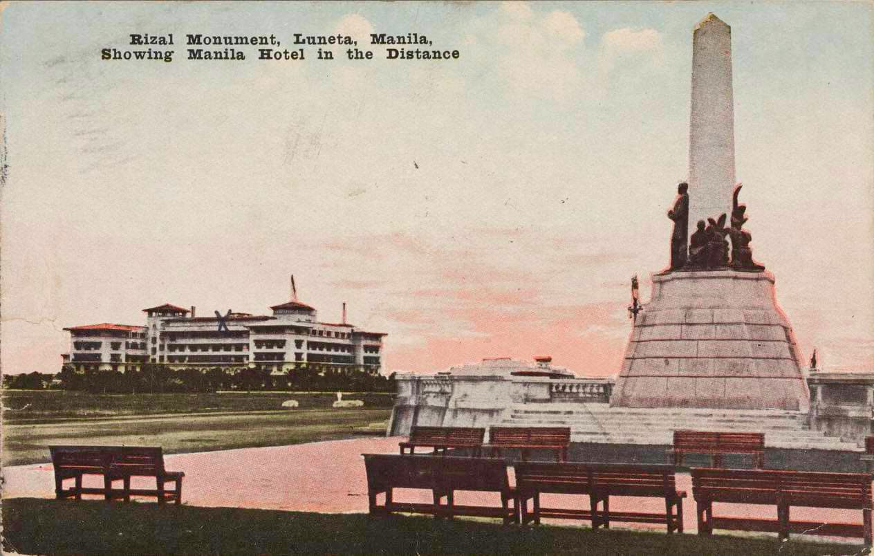 Hand-tinted 1920s postcard of the Rizal Monument at Luneta, Manila, with the Manila Hotel in the distance